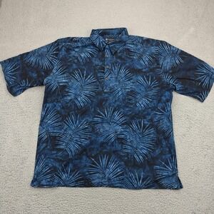 Pete Huntington Polo Shirt Mens XL Blue Palm Leaf Batik Cotton Hawaiian Tropical